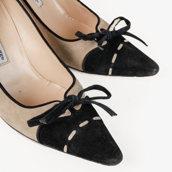 Manolo Blahnik Beige and Black Suede Bow Accent Pumps - Picture 6 of 10